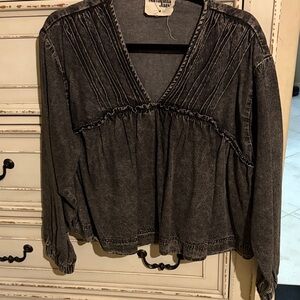 Free People Charcoal V-Neck Blouse